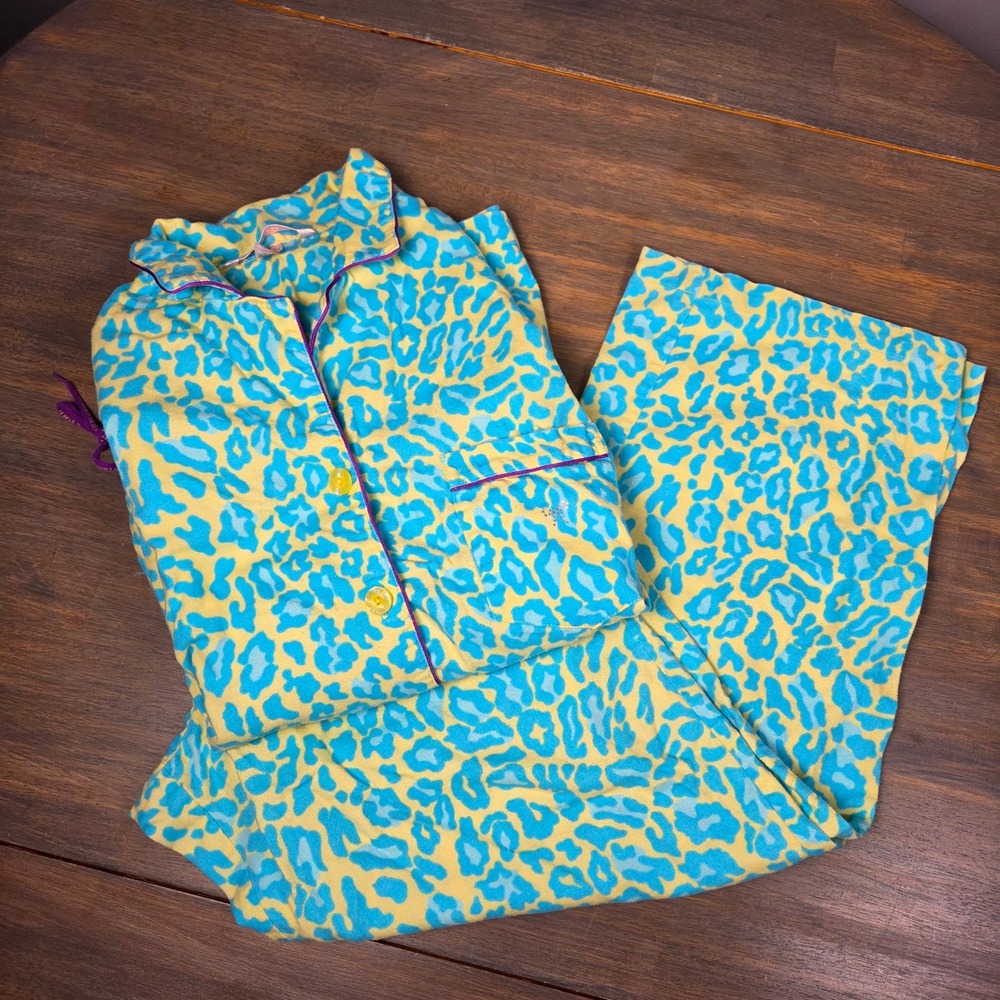 Victoria's Secret Women's M Pajama Set Y2K Cotton Flannel Leopard Yellow Blue